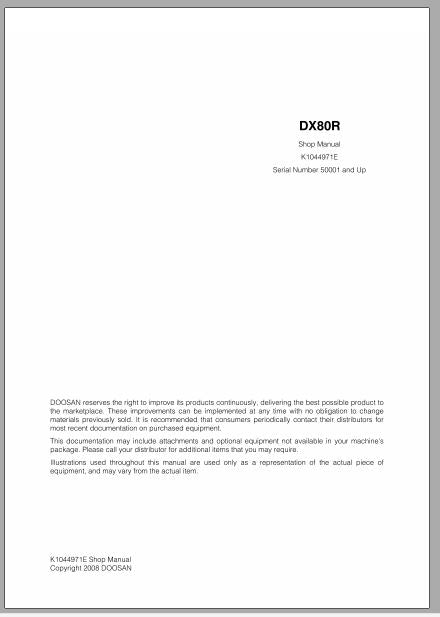 MANUAL DE SERVIÇOS DE OFICINA PDF ESCAVADEIRA HIDRÁULICA DX80R - DOOSAN