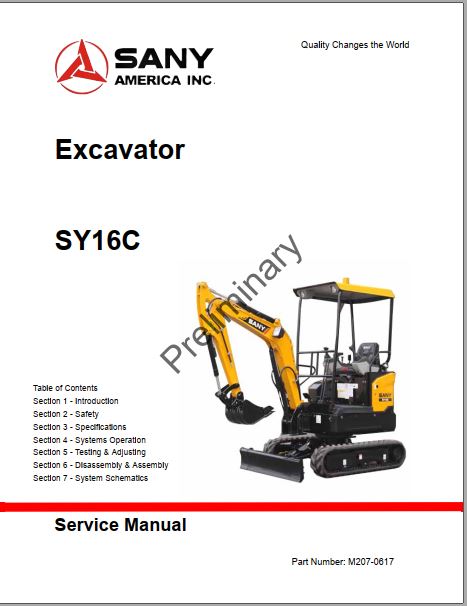 MANUAL DE SERVIÇOS DE OFICINA PDF MINI ESCAVADEIRA SY16C - SANY