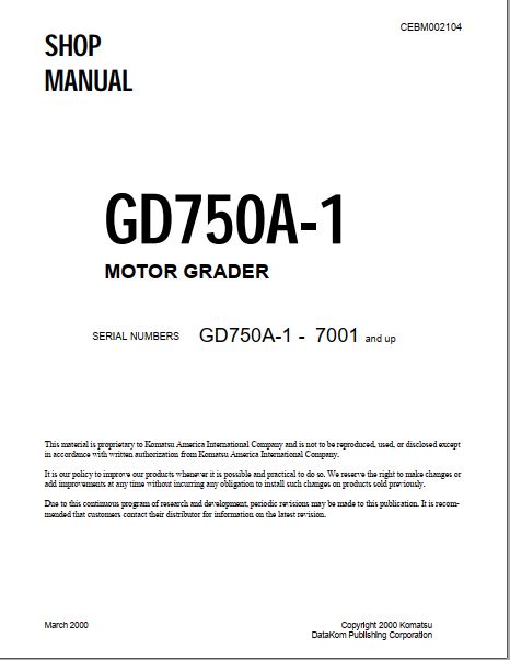 MANUAL DE SERVIÇOS DE OFICINA PDF MOTONIVELADORA GD750A-1 - KOMATSU