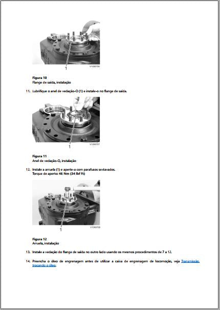 Instalação do flange de saída, do anel de vedação-O e da arruela na caixa Volvo 2HL290, com torque de 46 Nm