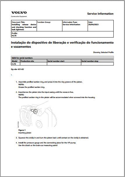 Página de instalação do dispositivo de liberação e verificação de funcionamento e vazamentos da caixa Volvo HL70, com o pistão sendo inserido na carcaça de entrada