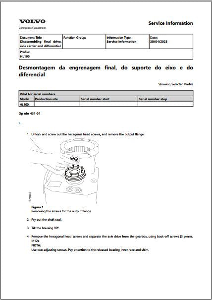 Página de desmontagem da engrenagem final, do suporte do eixo e do diferencial da caixa Volvo HL100, com a remoção dos parafusos do flange de saída