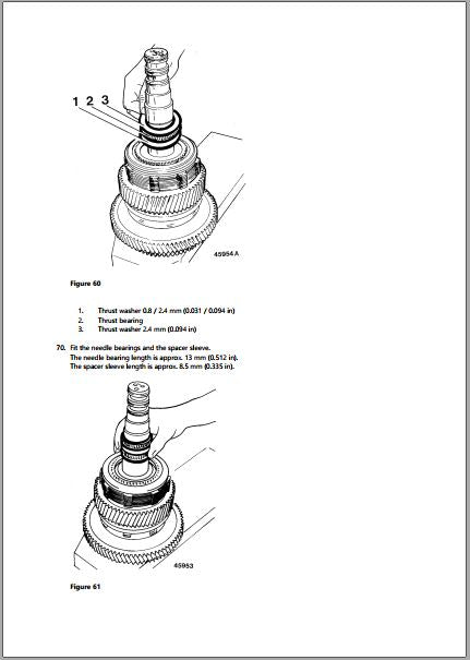 Montagem das arruelas de encosto de 0,8 e 2,4 mm, do rolamento axial e da luva espaçadora de 8,5 mm no eixo de embreagem da Volvo HT90