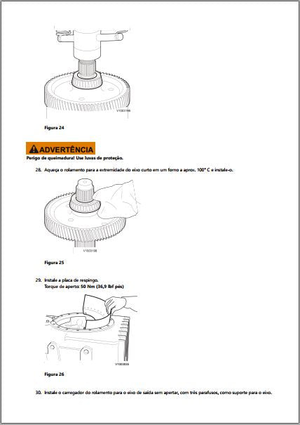 Aquecimento do rolamento da extremidade do eixo curto da Volvo HTE220 a 100 °C e instalação da placa de respingo com torque de 50 Nm