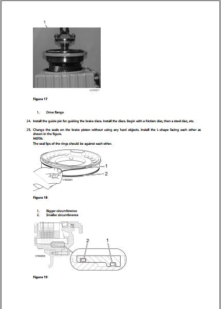 Flange de acionamento da Volvo HTE305 em foto de bancada e as vedações do pistão de freio, com o corte mostrando os anéis em L montados com os lábios voltados um para o outro