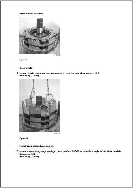 Discos e molas de retorno da segunda engrenagem da Volvo HTE400 e o içamento do invólucro de 50 kg e da engrenagem de 70 kg com parafusos M10x90 e barras planas