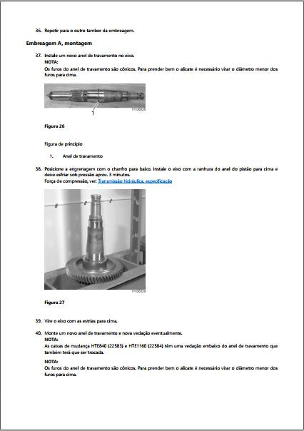 Montagem da embreagem A da Volvo HTE840: instalação do anel de travamento cônico no eixo e posicionamento da engrenagem com o chanfro para baixo, resfriando sob pressão por cerca de 3 minutos