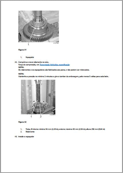 Página do manual Volvo HTE1160 mostrando o espaçador já instalado no eixo e a prensagem do rolamento novo com tubo de 56 mm interno e 250 mm de altura, sob pressão por três minutos