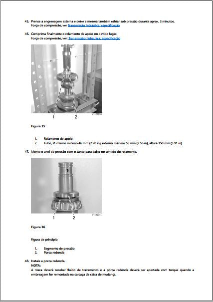 Página do manual Volvo HTE1160 com a prensagem do rolamento de apoio usando tubo de 46 mm interno e a montagem do segmento de pressão junto com a porca redonda