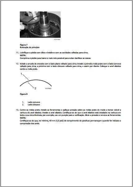Pistão instalado no tambor da HTL220 e diagrama do lado convexo e côncavo das molas prato, com a nota dos 40 mm mínimos de parafuso antes de comprimir os anéis