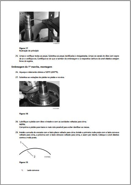 Limpeza dos canais de óleo com bico de ar e montagem da embreagem da 1ª marcha da HTL220, com o rolamento cônico aquecido a 125 °C e o esquema do lado convexo da mola prato