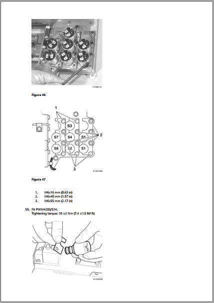 Bloco de solenoides S1 a S8 da Volvo PT1563 em foto e em diagrama, com os parafusos M6x16, M6x40 e M6x55 posicionados e a montagem da moduladora PWM4203/S14