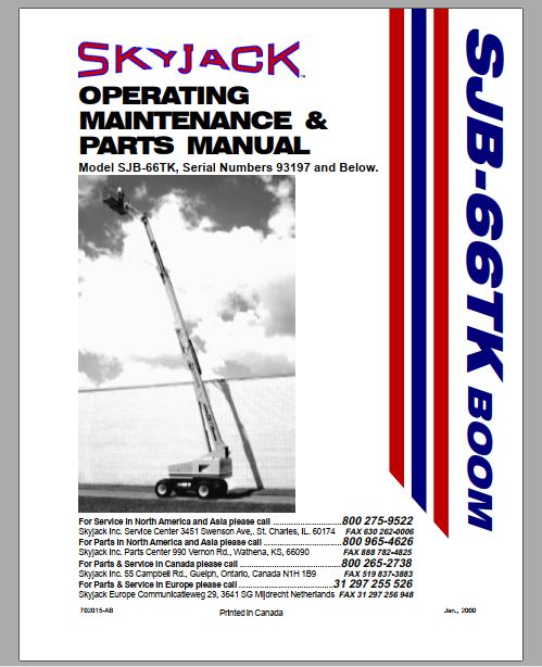 MANUAL DE MANUTENÇÃO E PEÇAS PDF ELEVADOR DE LANÇA SJB-66TK - SKYJACK