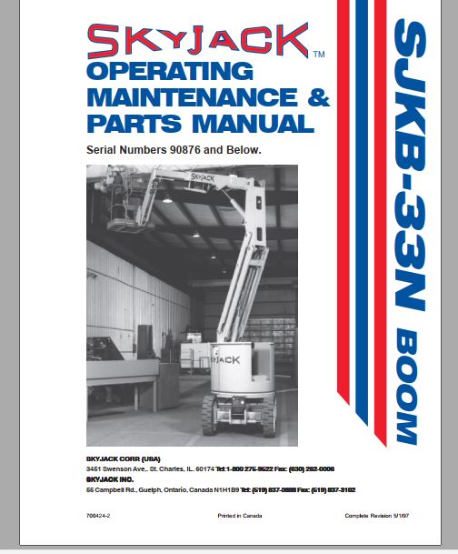 MANUAL DE MANUTENÇÃO E PEÇAS PDF ELEVADOR DE LANÇA SJKB-33N - SKYJACK