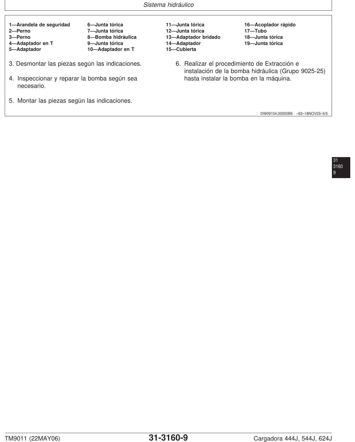 Manual de Serviço John Deere 444J · 544J · 624J — tabela/esquema técnico (página interna do PDF)