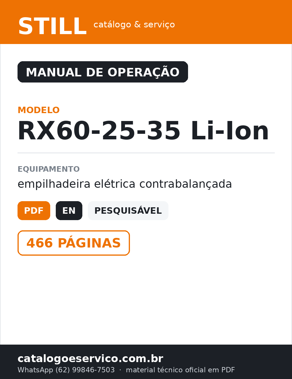 Manual de Operação STILL RX60-25-35 Li-Ion — Empilhadeira elétrica contrabalançada (Inglês)