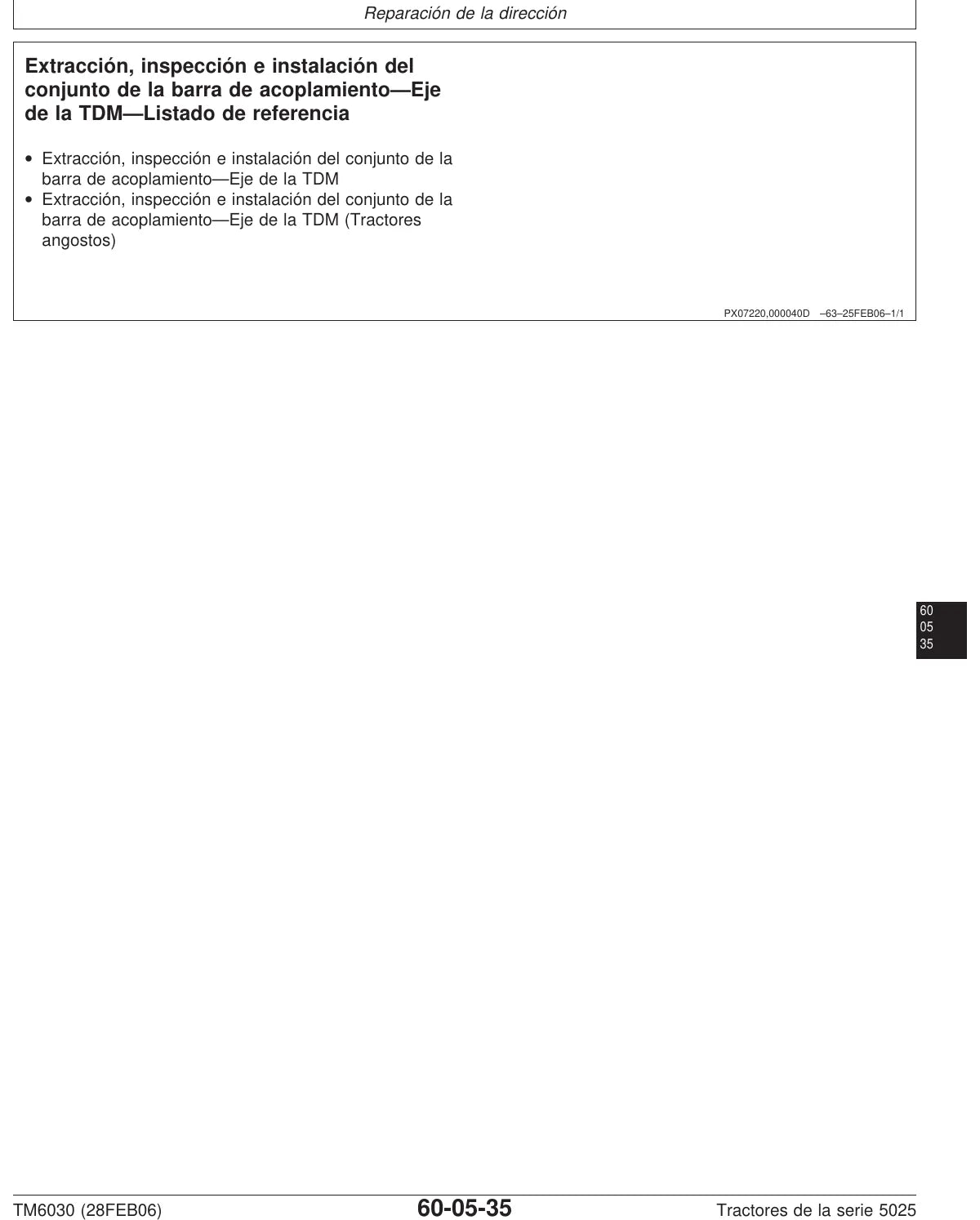 Manual de Serviço John Deere 5425 · 5625 · 5725 — tabela/esquema técnico (página interna do PDF)