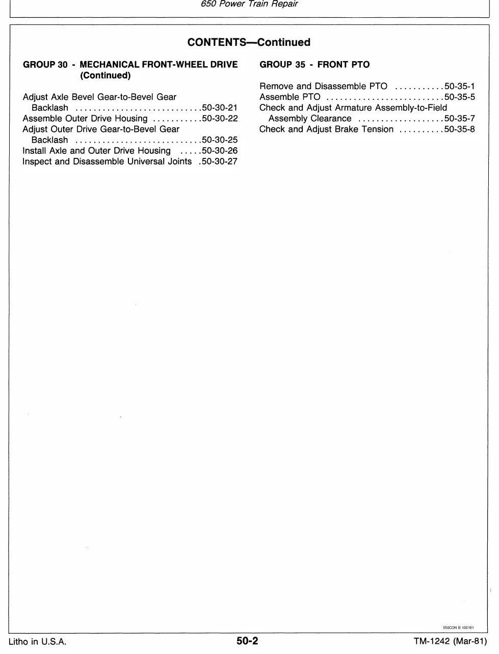 Manual de Serviço John Deere 650 · 750 — tabela/esquema técnico (página interna do PDF)