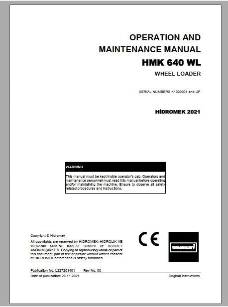 MANUAL DE OPERAÇÃO E MANUTENÇÃO PDF PÁ CARREGADEIRA HMK 640 WL - HIDROMEK