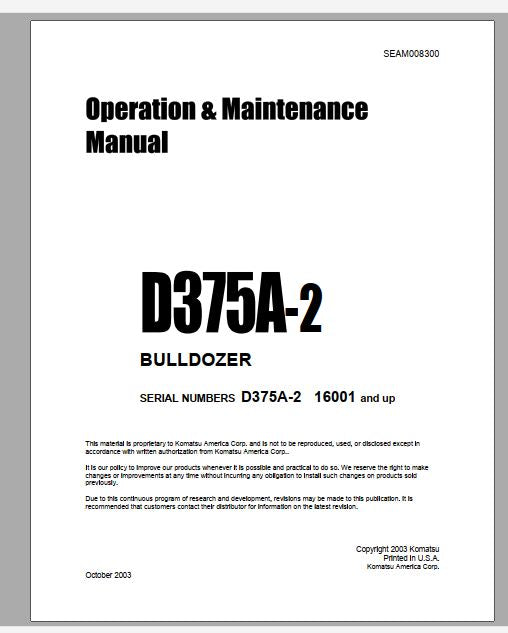 MANUAL DE OPERAÇÃO E MANUTENÇÃO PDF TRATOR ESTEIRA D375A-2 - KOMATSU