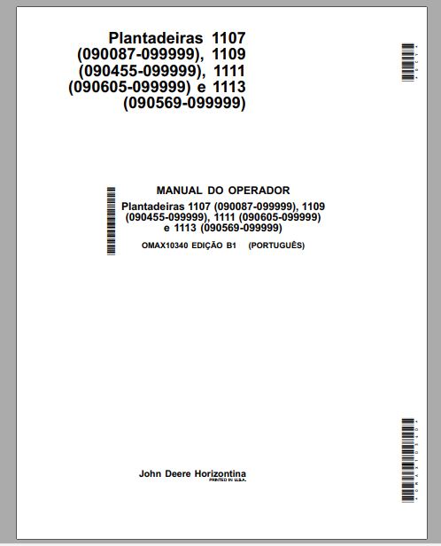 MANUAL DO OPERADOR PDF PLANTADEIRAS 1107, 1109, 1111, 1113 - JOHN DEERE