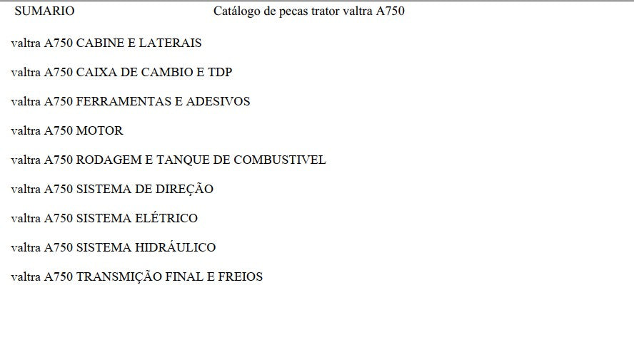 Catálogo Peças Trator Valtra A 750 G1