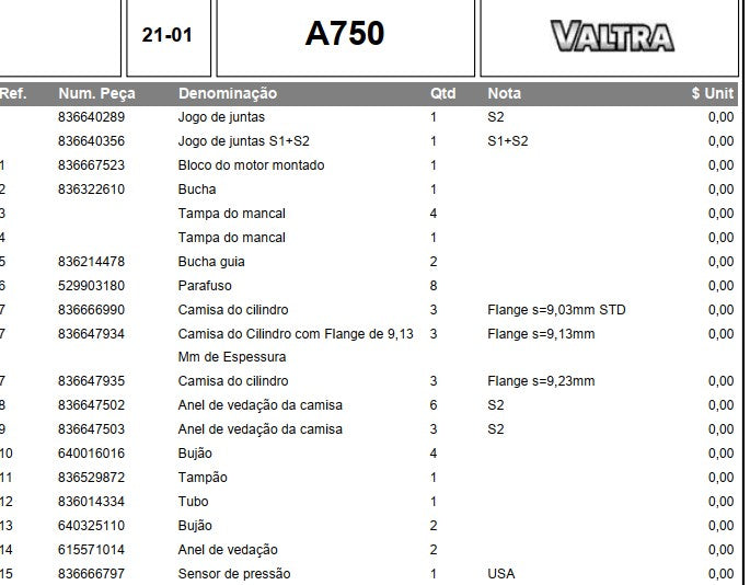 Catálogo Peças Trator Valtra A 750 G1
