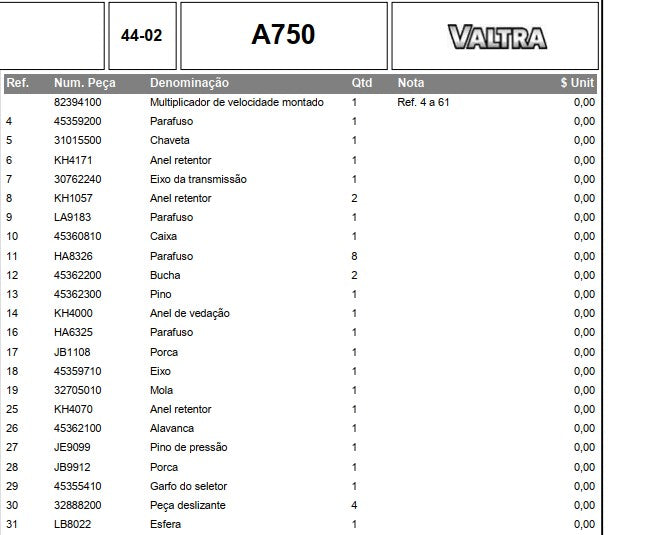 Catálogo Peças Trator Valtra A 750 G1