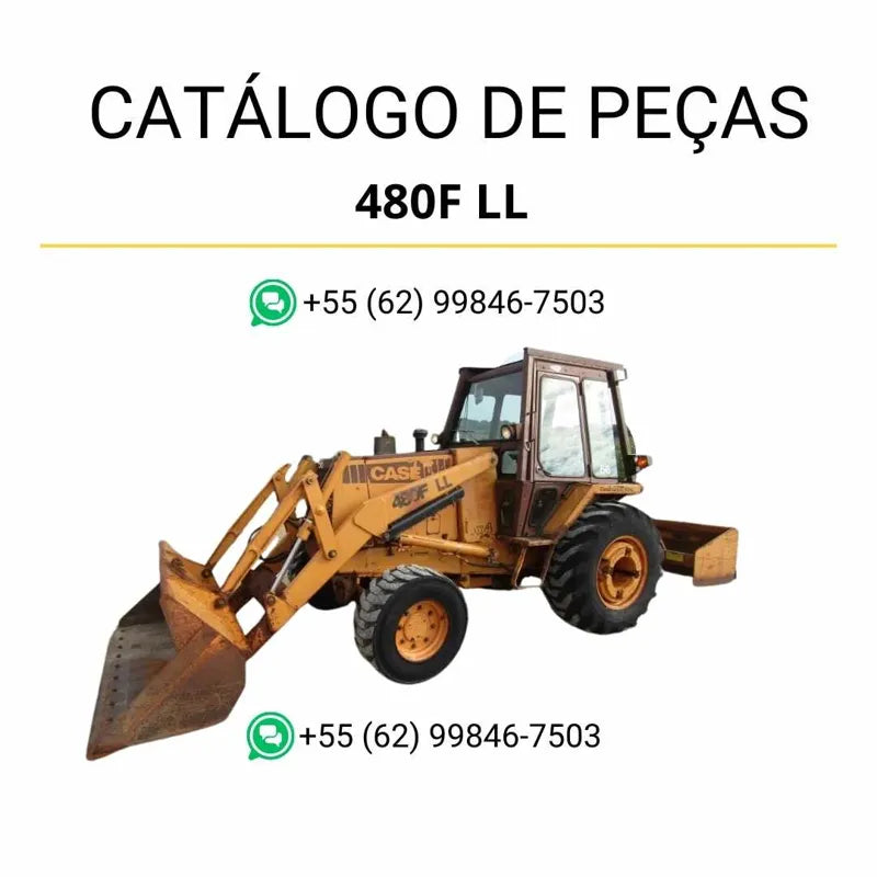 Catálogo de peças CASE 480F LL em PDF com ilustrações técnicas e identificação completa dos componentes da retrocarregadeira 1989–1994.