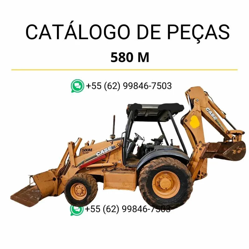 Catálogo de peças CASE 580M Super M em PDF, com vistas explodidas e identificação detalhada dos componentes da retroescavadeira.