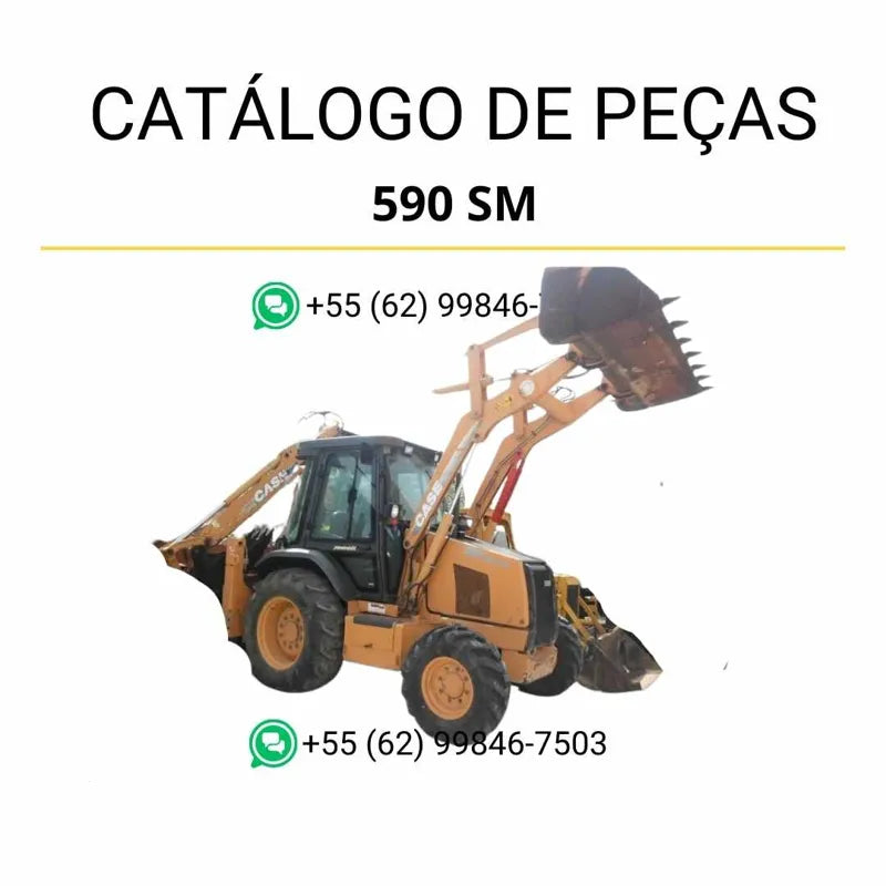 Catálogo de peças CASE 590 SM em PDF com vistas explodidas e identificação completa dos conjuntos da retrocarregadora 2002–2004.