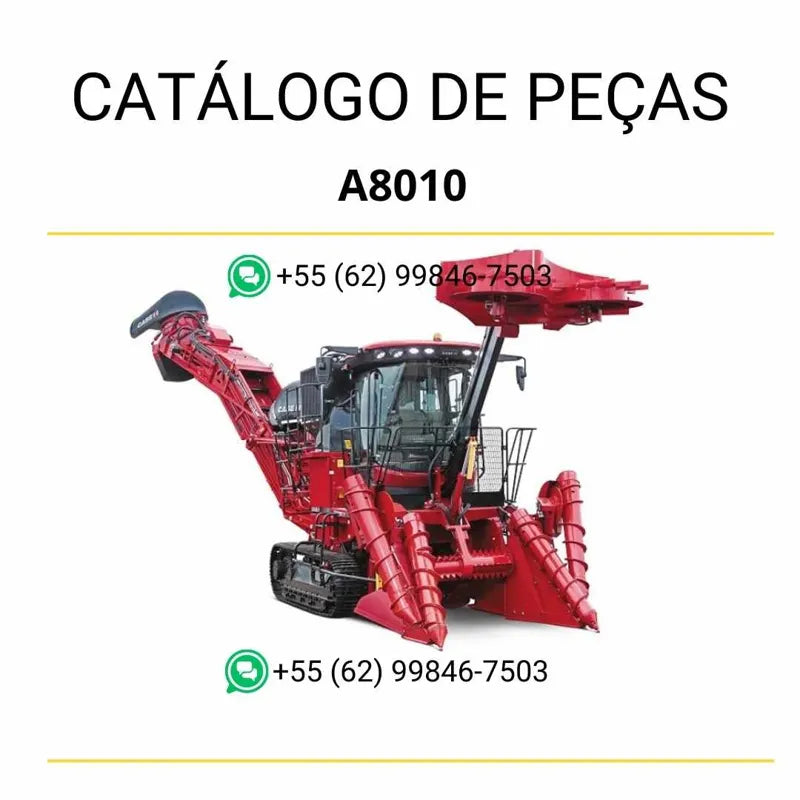Catálogo de peças das colhedoras de cana Case A8010 e A8810 em PDF, com diagramas técnicos ilustrados e lista completa de componentes originais.