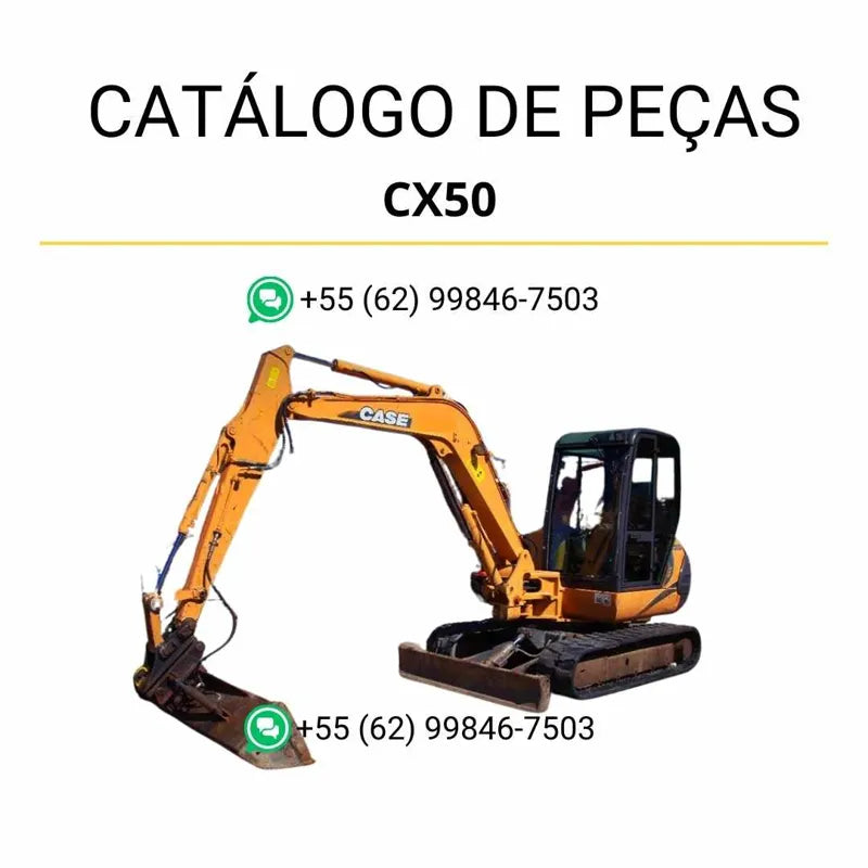 Catálogo de peças CASE CX50 em PDF, com ilustrações técnicas detalhadas e identificação completa dos componentes da mini-escavadeira.