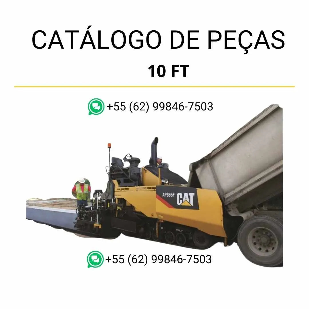 Catálogo de peças Caterpillar 10 FT em PDF com diagramas ilustrados da pavimentadora de asfalto e lista completa de componentes originais.