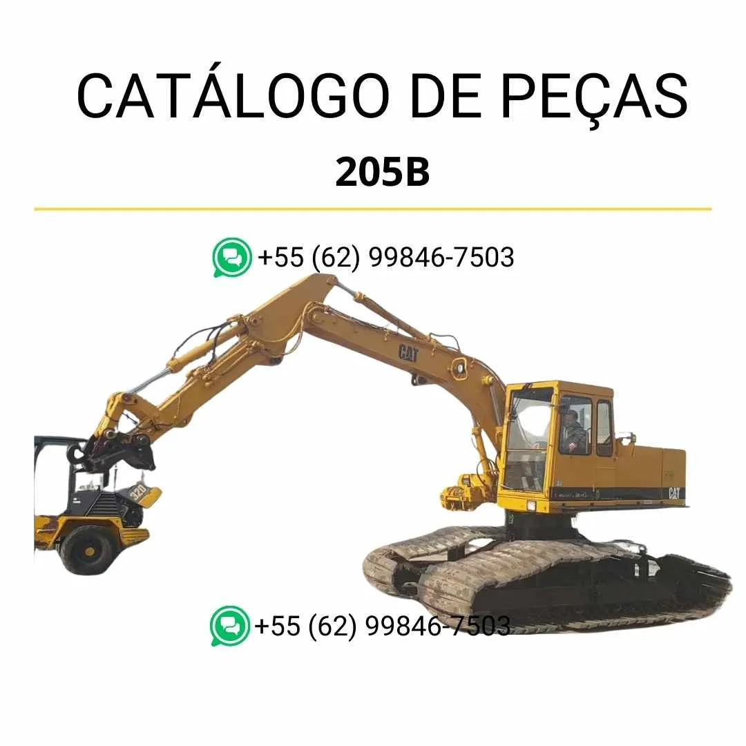 Catálogo de peças Caterpillar 205B em PDF com ilustrações detalhadas e lista completa de componentes originais da escavadeira.