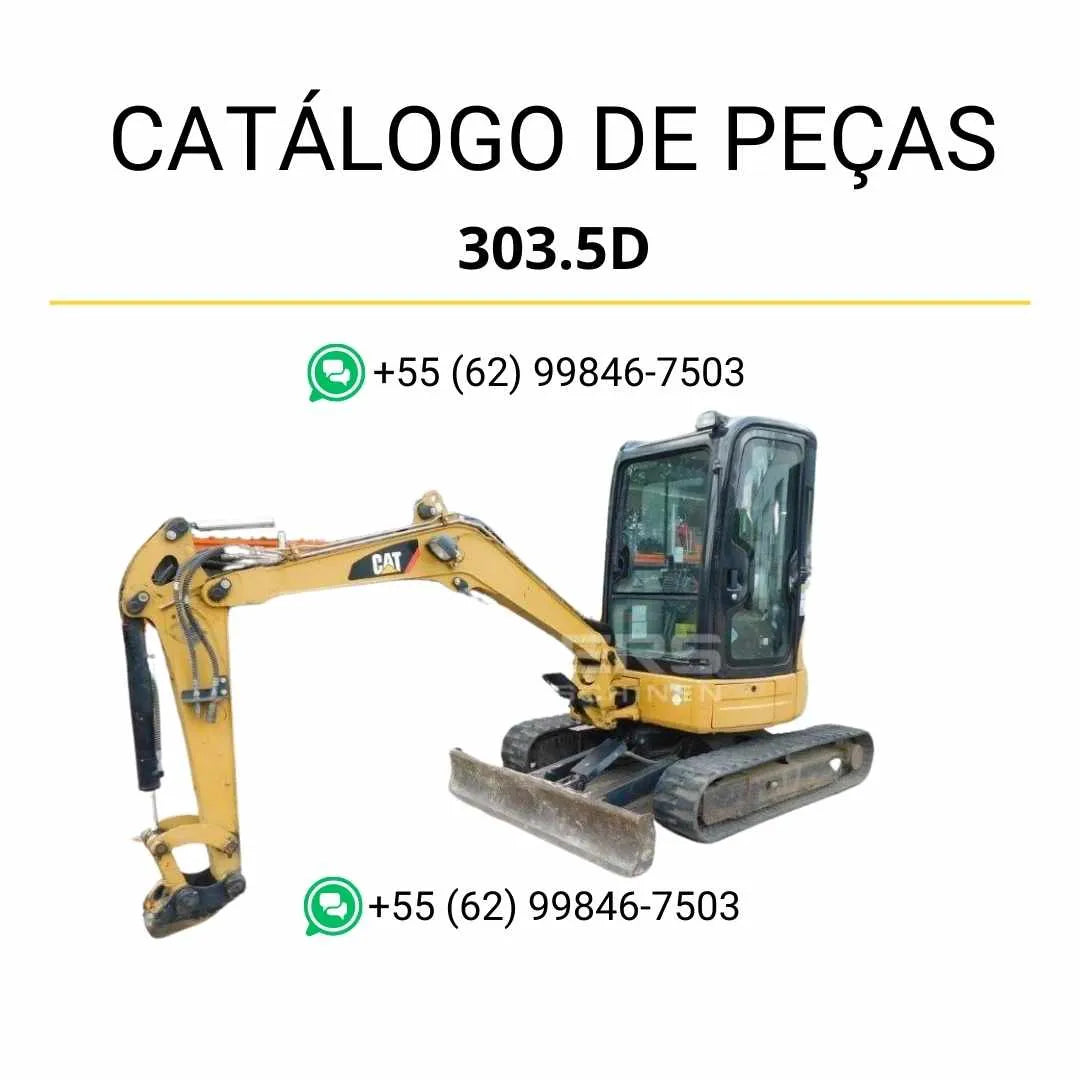 Catálogo de peças Caterpillar 303.5D mini escavadeira hidráulica em PDF com ilustrações detalhadas, vistas explodidas e códigos originais de componentes.