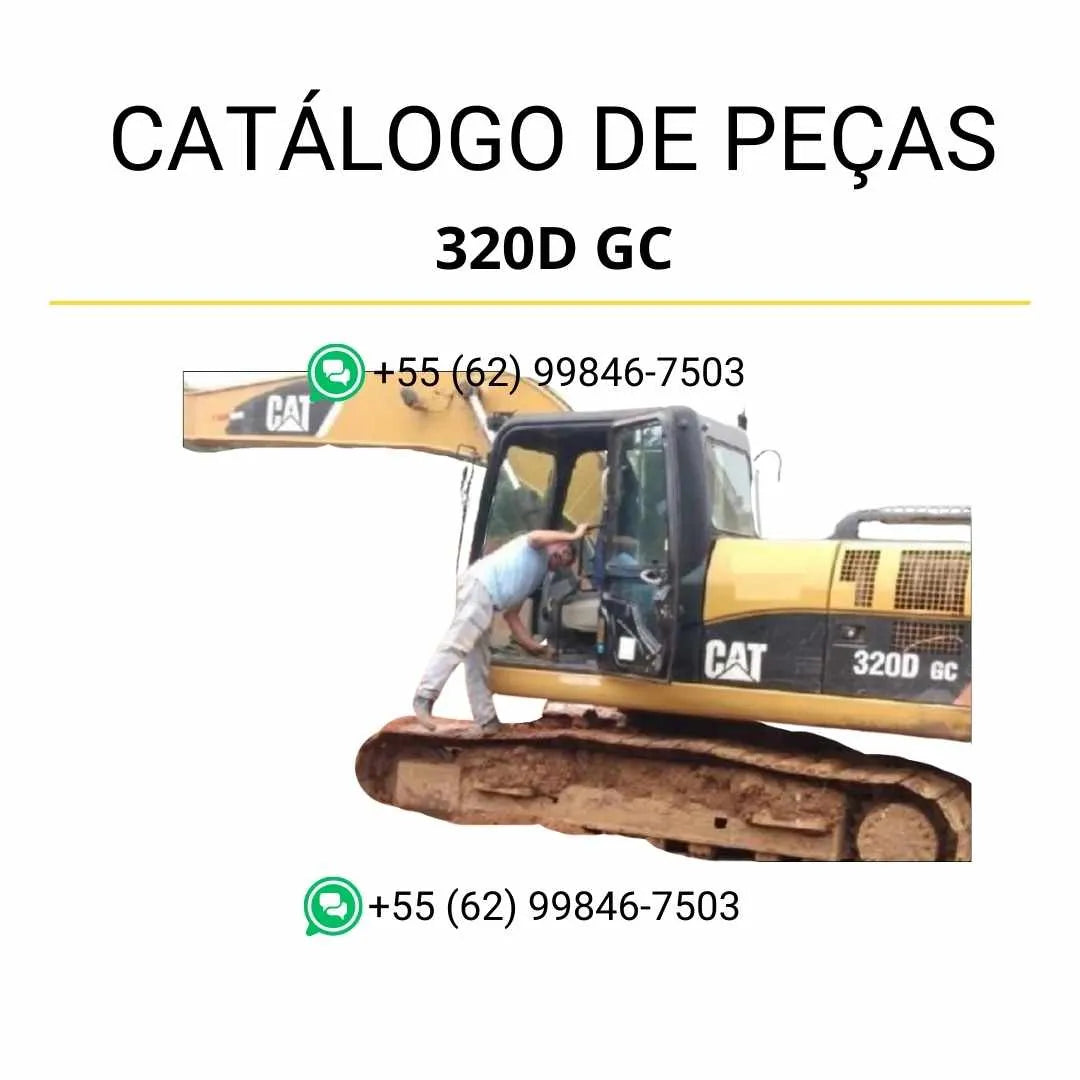 Catálogo de peças Caterpillar 320D GC em PDF com ilustrações detalhadas e identificação completa dos componentes da escavadeira.