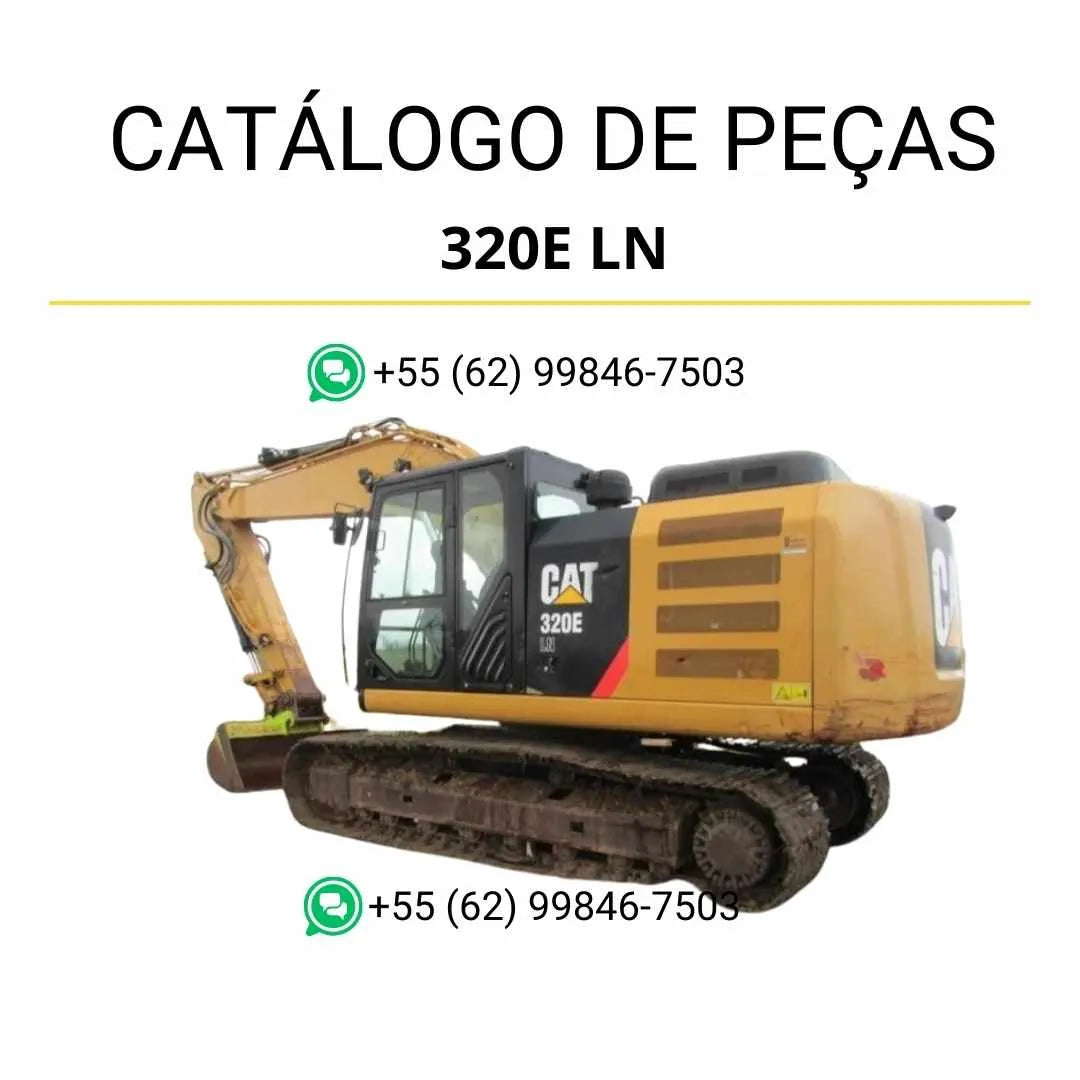 Catálogo de peças Caterpillar 320E LN em PDF com diagramas detalhados e identificação completa de componentes originais da escavadeira.