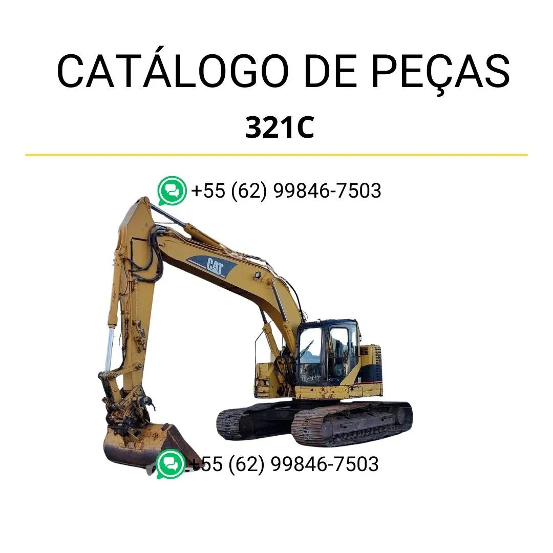 Catálogo de peças Caterpillar 321C em PDF com ilustrações detalhadas e identificação completa de componentes originais da escavadeira.