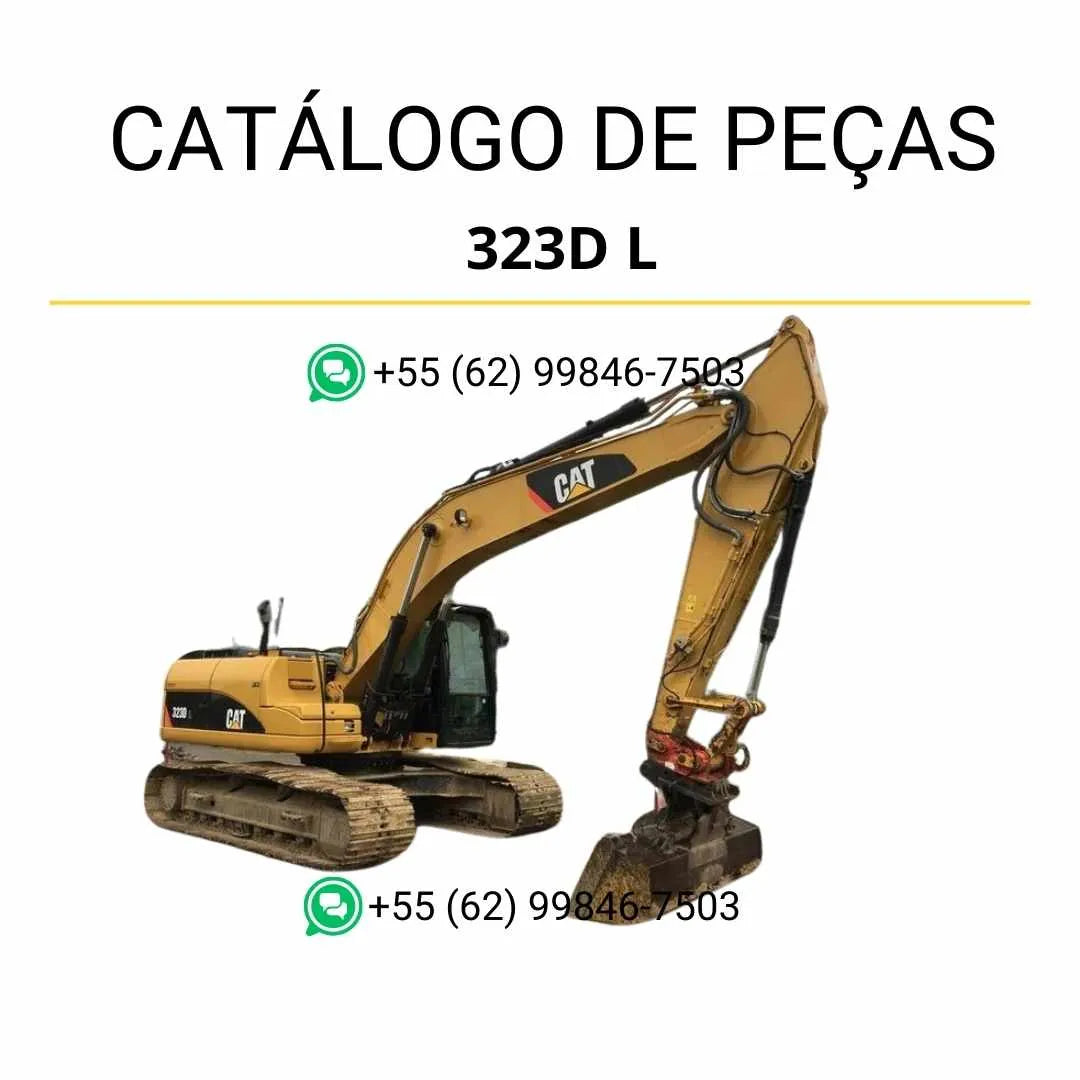 Catálogo de peças Caterpillar 323D L em PDF com diagramas detalhados e lista completa de componentes originais da escavadeira.