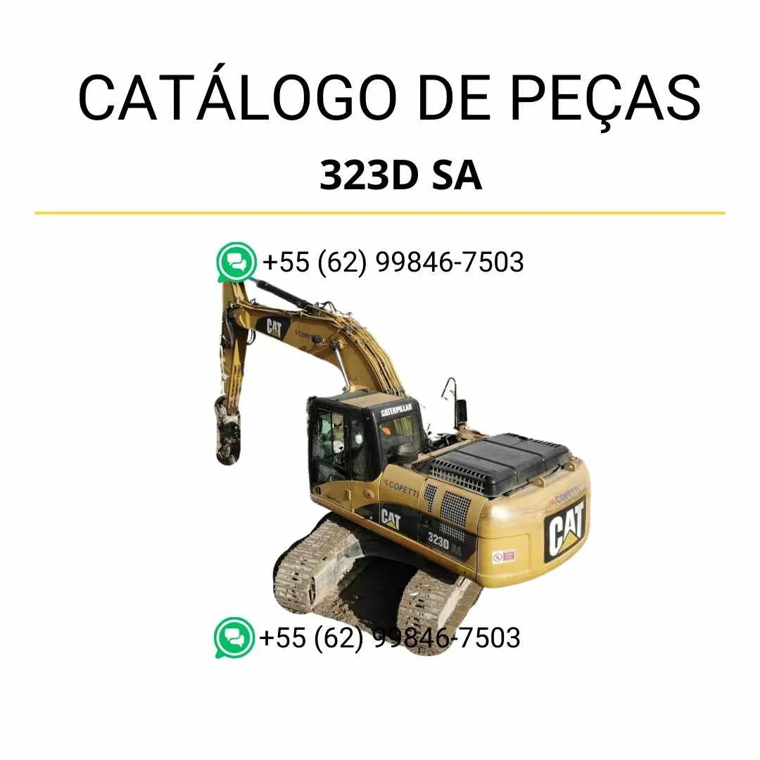 Catálogo de peças Caterpillar 323D SA em PDF com diagramas técnicos ilustrados e identificação detalhada dos componentes originais da escavadeira.
