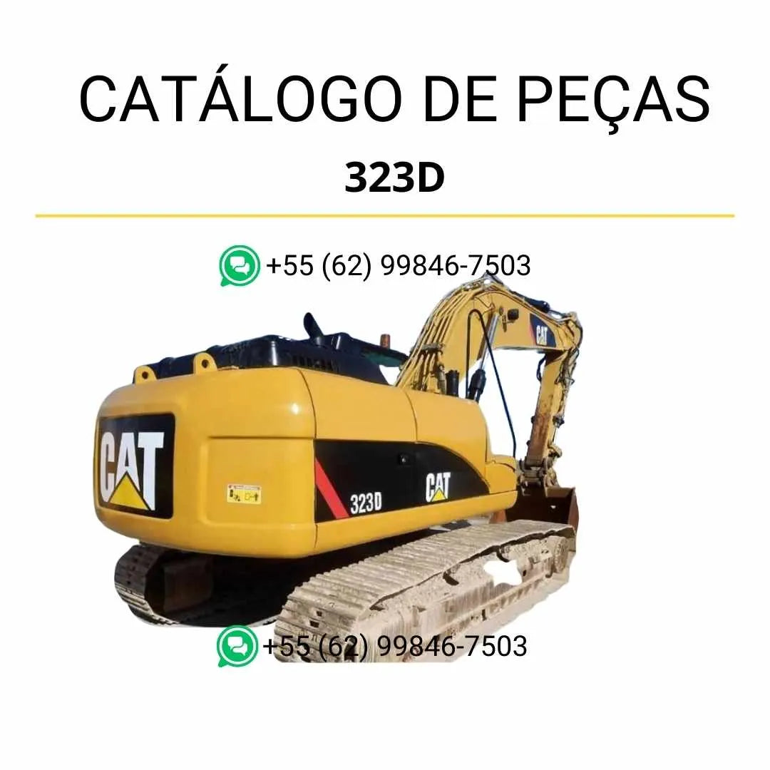 Catálogo de peças Caterpillar 323D em PDF com ilustrações técnicas precisas e identificação completa de todos os componentes da escavadeira.