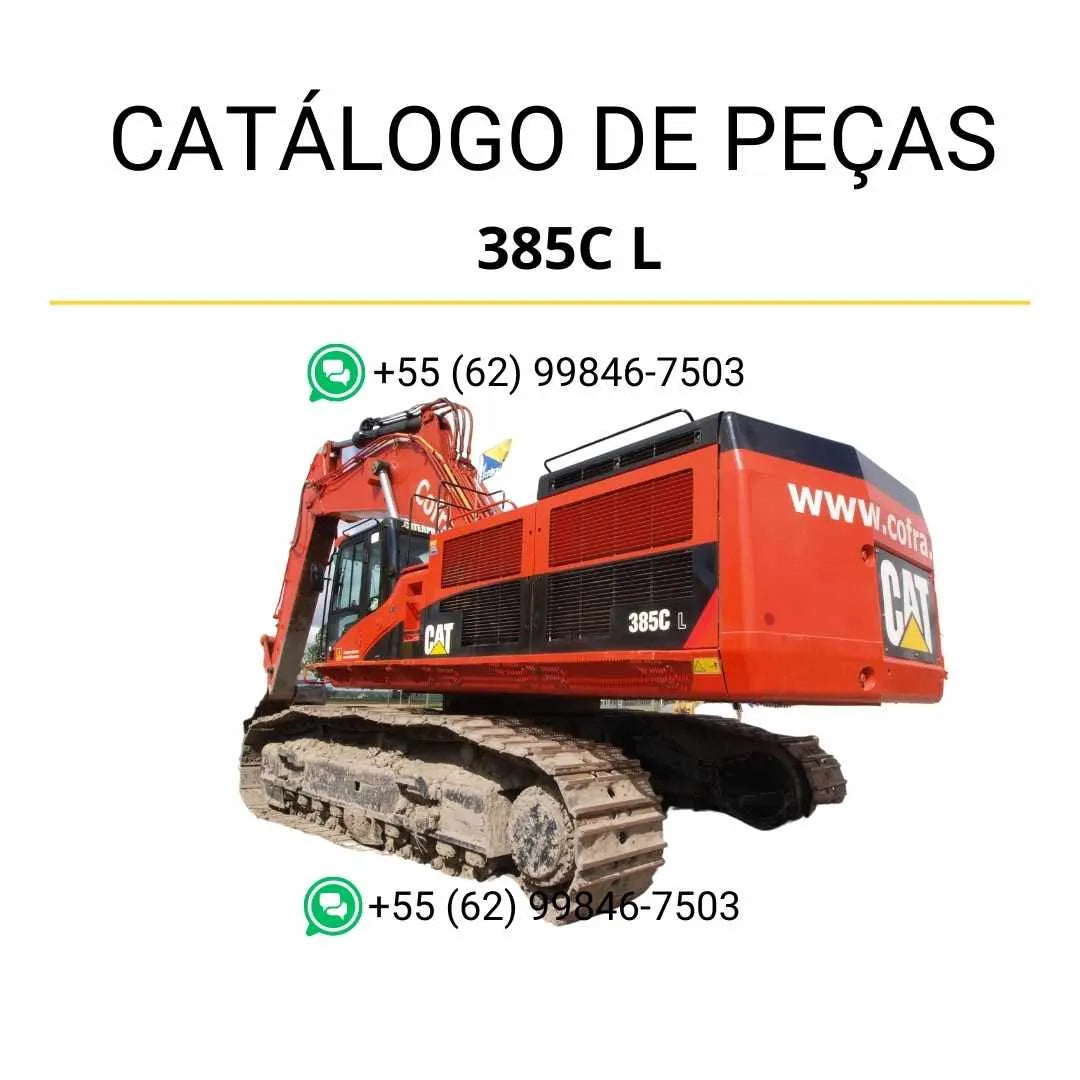 Catálogo de peças Caterpillar 385C L em PDF com ilustrações detalhadas e identificação completa de componentes originais da escavadeira.