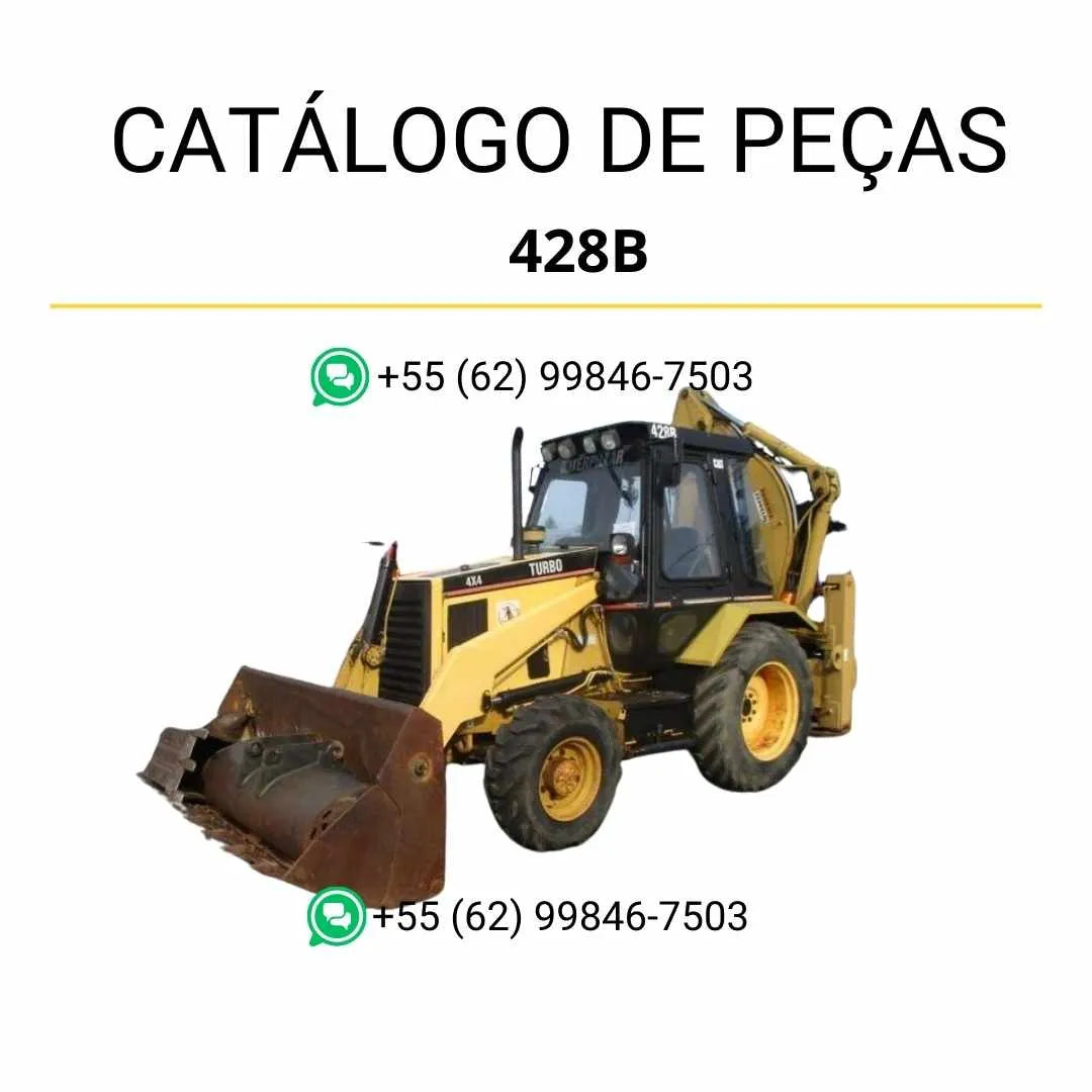 Catálogo de peças Caterpillar 428B em PDF com vistas explodidas, códigos originais e ilustrações detalhadas da retroescavadeira.