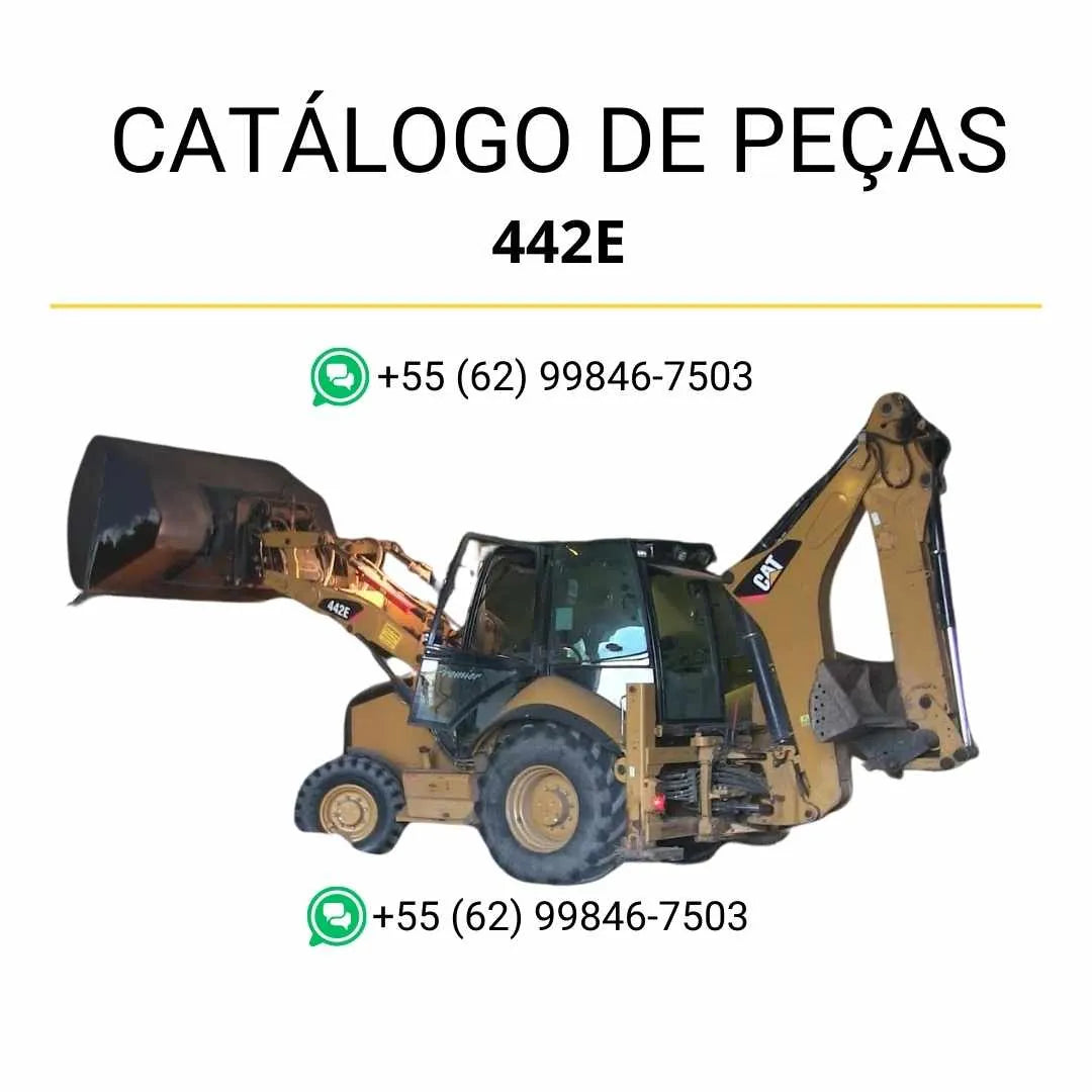 Catálogo de peças Caterpillar 442E em PDF com diagramas ilustrados e lista detalhada de componentes originais da retroescavadeira.