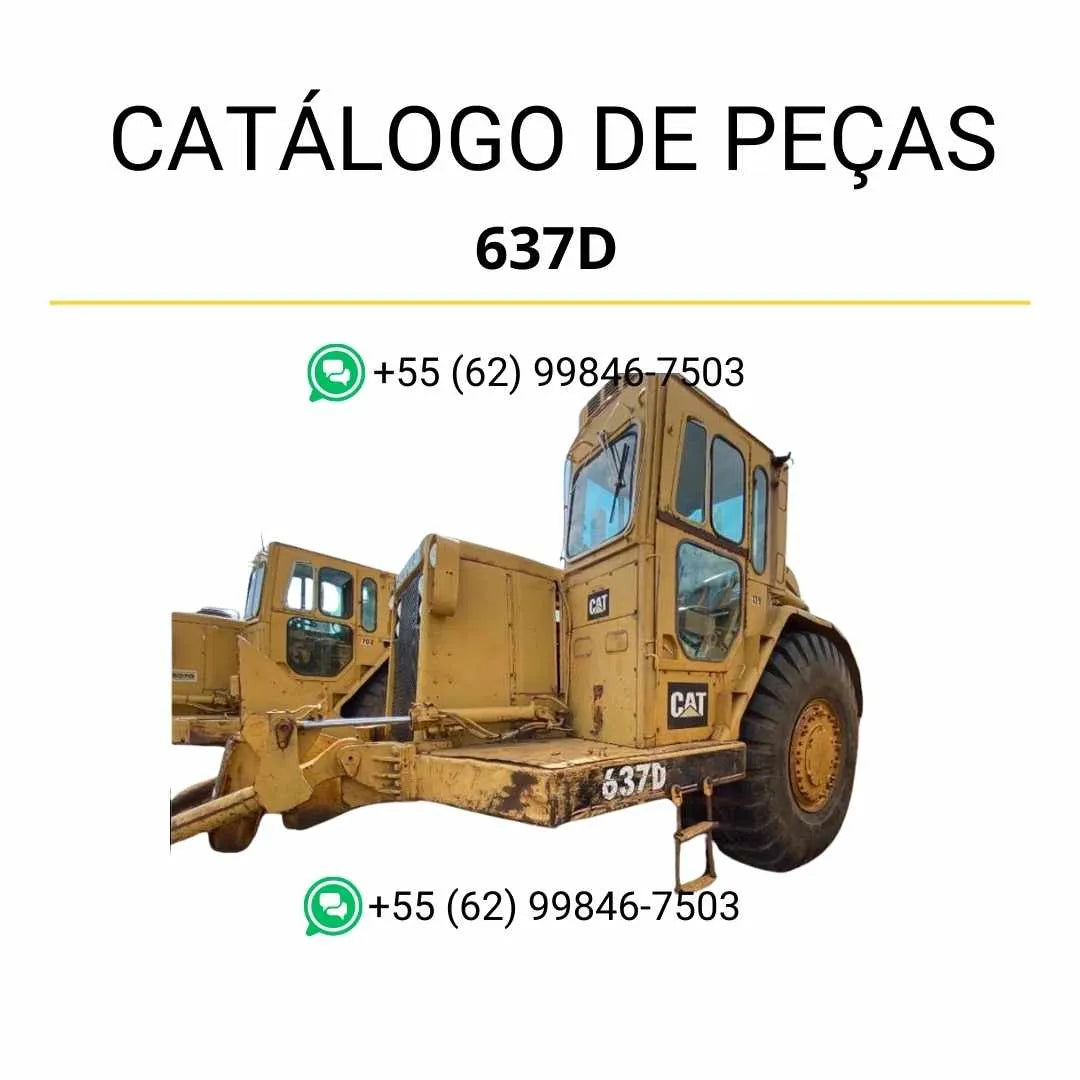 Catálogo de peças Caterpillar 637D em PDF com ilustrações detalhadas do raspador de rodas e lista completa de componentes originais para manutenção.