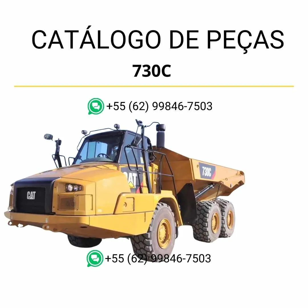 Catálogo de peças Caterpillar 730C em PDF com ilustrações técnicas detalhadas, diagramas completos e lista de componentes do caminhão articulado.