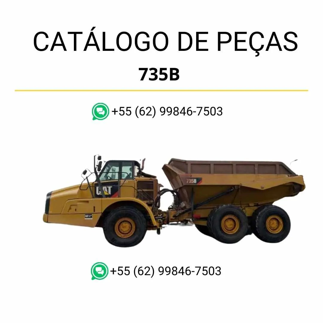 Catálogo de peças Caterpillar 735B em PDF com ilustrações técnicas, diagramas completos e lista detalhada dos componentes do caminhão articulado.