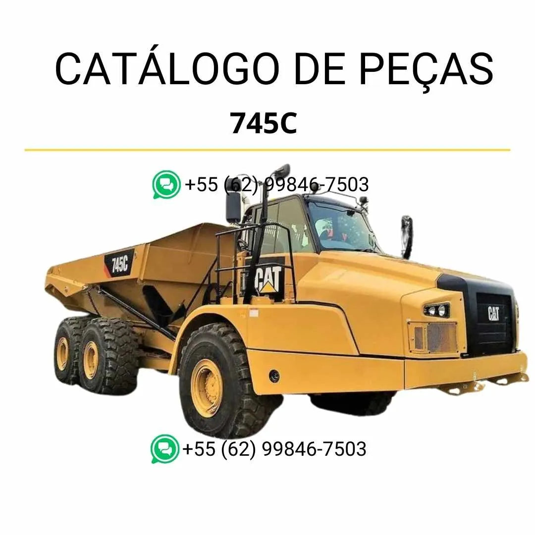 Catálogo de peças Caterpillar 745C em PDF com ilustrações técnicas, vistas explodidas e lista completa dos componentes do caminhão articulado.