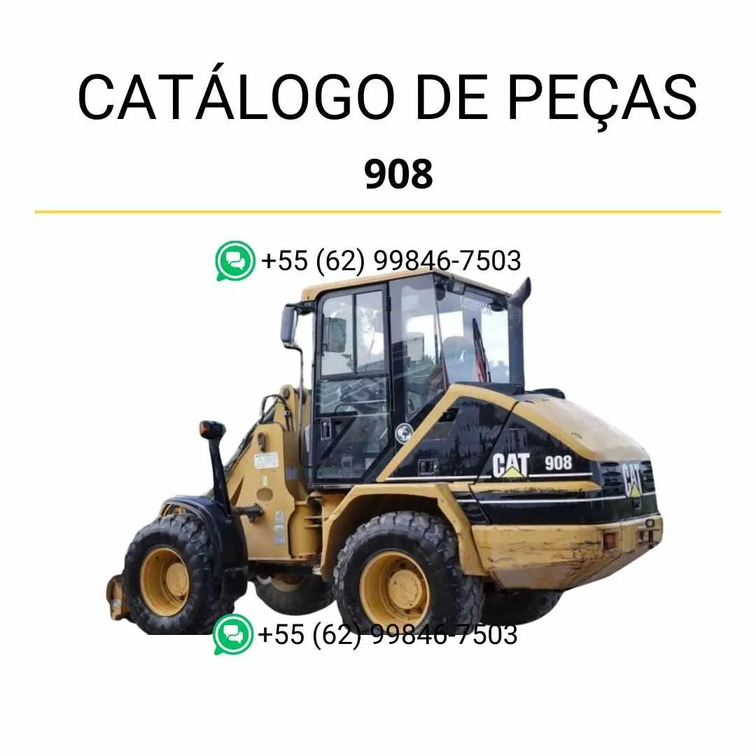 Catálogo de peças Caterpillar 908 em PDF com ilustrações técnicas detalhadas e identificação completa dos componentes da carregadeira compacta.